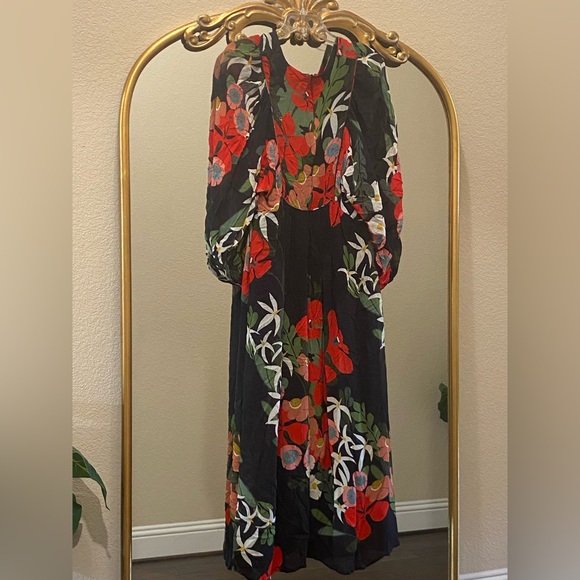Farm Rio For Anthropologie Long-Sleeve V-Neck Black Floral Maxi Dress Size S - Picture 5 of 13